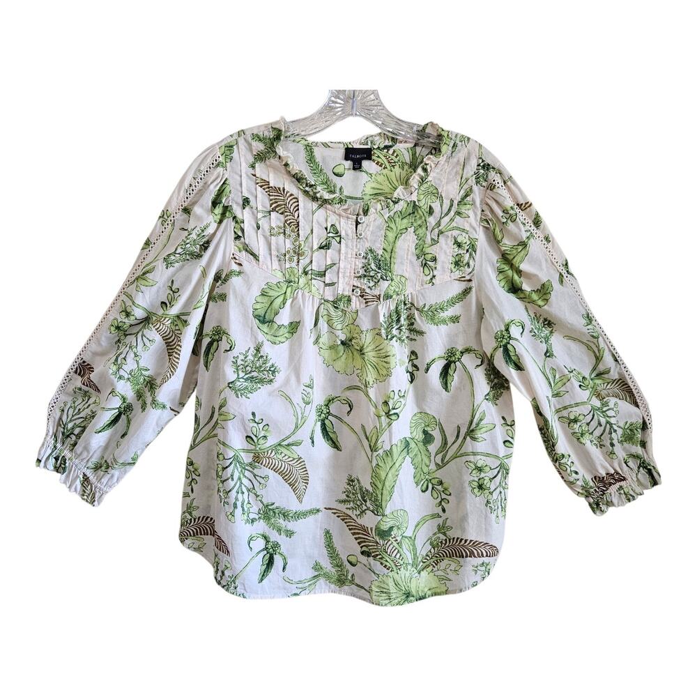 TALBOTS Size L Blouse Botanical Leaves Green Ivory Peach 3/4 Sleeve Cotton 44"